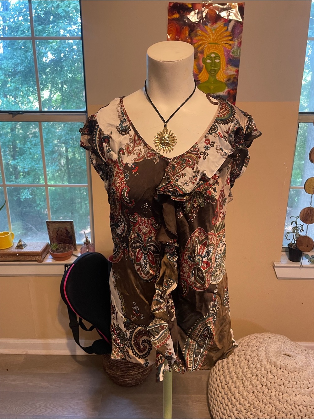new directions Brown Paisley Ruffle V-Neck Blouse
